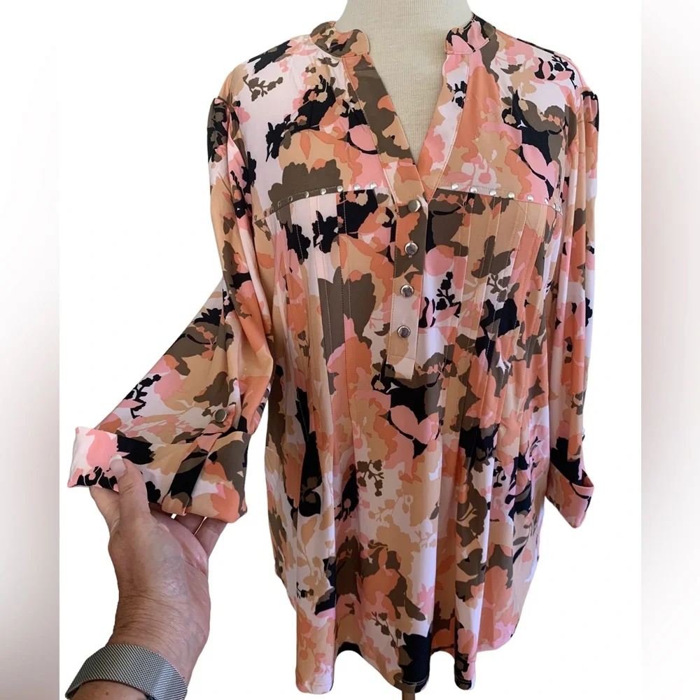 COCOMO 3X Beige Pink Studded 3/4 sleeve Plus Size women’s Pintuck Blouse t…_7